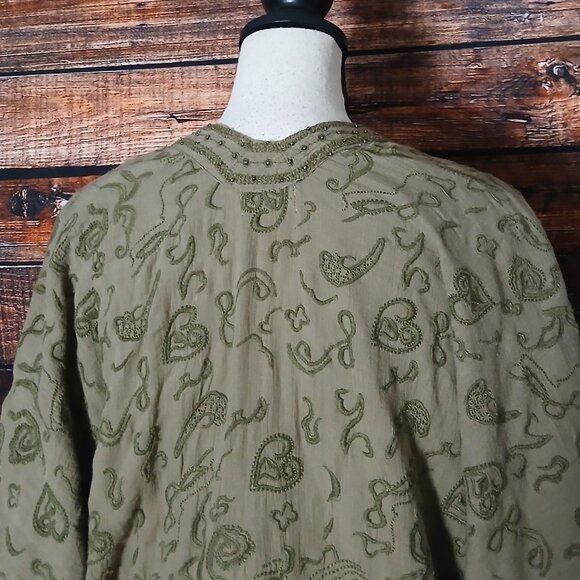 World Market One Size Open Kaftan Cardigan Embroidered Beaded Olive Green Boho - Picture 5 of 11